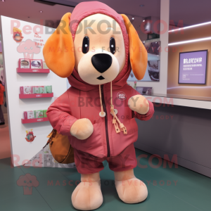 Peach Dog mascot costume character dressed with a Hoodie and Wallets