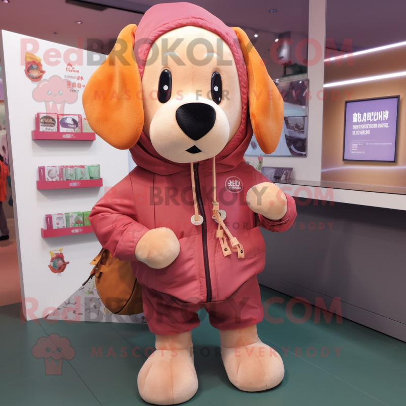 Peach Dog mascot costume character dressed with a Hoodie and Wallets