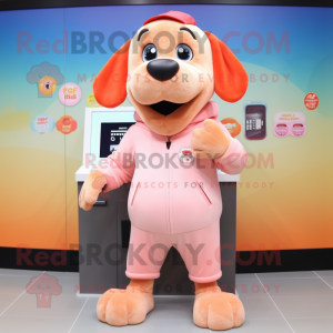 Peach Dog mascot costume character dressed with a Hoodie and Wallets