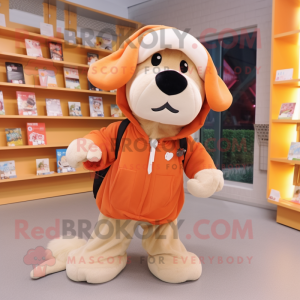 Peach Dog mascot costume character dressed with a Hoodie and Wallets