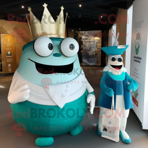 Teal King mascot costume character dressed with a Wedding Dress and Wallets