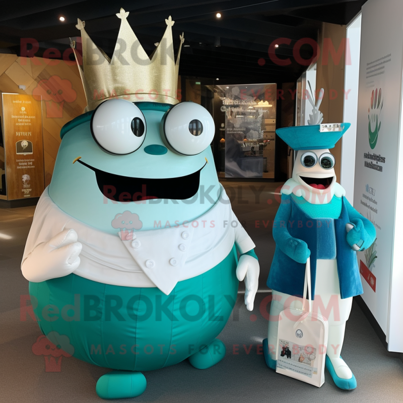 Teal King mascot costume character dressed with a Wedding Dress and Wallets Teal King mascot costume character dressed with a Wedding Dress and Wallets