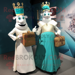 Teal King mascot costume character dressed with a Wedding Dress and Wallets