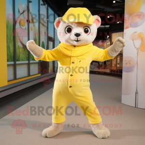 Lemon Yellow Ferret mascot costume character dressed with a Bodysuit and Hats