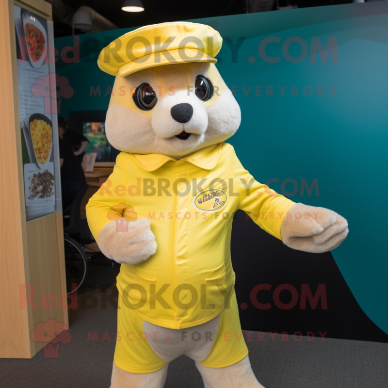 Lemon Yellow Ferret mascot costume character dressed with a Bodysuit and Hats