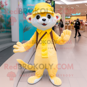Lemon Yellow Ferret mascot costume character dressed with a Bodysuit and Hats