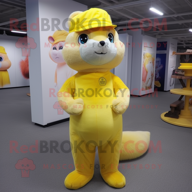 Lemon Yellow Ferret mascot costume character dressed with a Bodysuit and Hats Lemon Yellow Ferret mascot costume character dressed with a Bodysuit and Hats