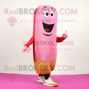 Pink Hot Dog mascot costume character dressed with a Vest and Shoe laces