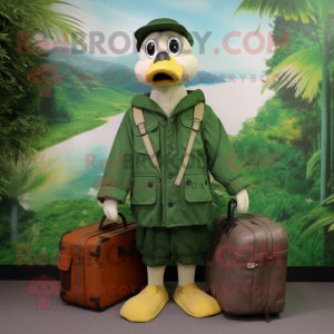 Forest Green Gosling mascot costume character dressed with a Parka and Briefcases