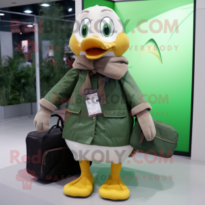 Forest Green Gosling mascot costume character dressed with a Parka and Briefcases