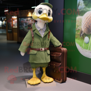Forest Green Gosling mascot costume character dressed with a Parka and Briefcases