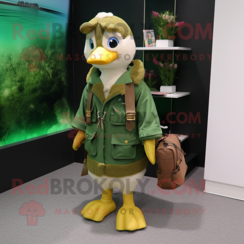 Forest Green Gosling mascot costume character dressed with a Parka and Briefcases