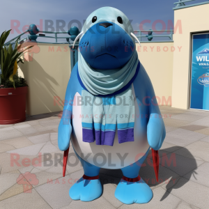 Blue Walrus mascot costume character dressed with a Bermuda Shorts and Scarf clips