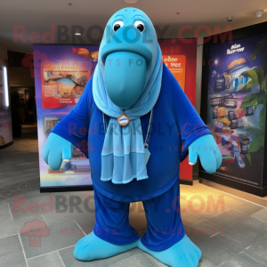 Blue Walrus mascot costume character dressed with a Bermuda Shorts and Scarf clips