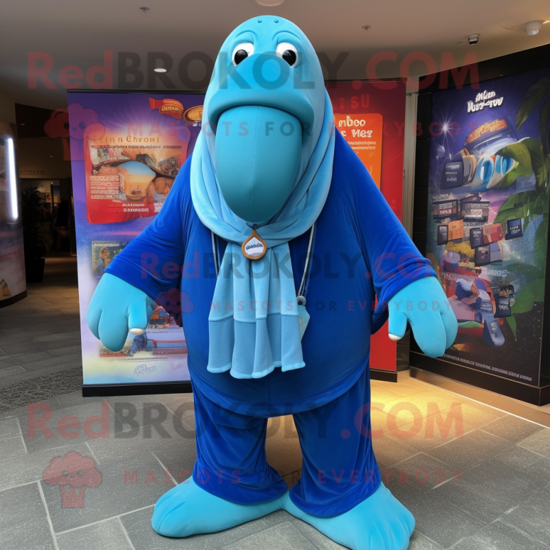 Blue Walrus mascot costume character dressed with a Bermuda Shorts and Scarf clips Blue Walrus mascot costume character dressed with a Bermuda Shorts and Scarf clips