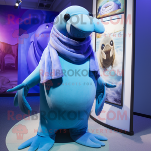 Blue Walrus mascot costume character dressed with a Bermuda Shorts and Scarf clips
