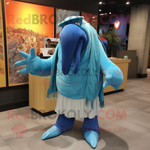 Blue Walrus mascot costume character dressed with a Bermuda Shorts and Scarf clips