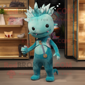 Teal Axolotls mascot costume character dressed with a Bootcut Jeans and Hairpins