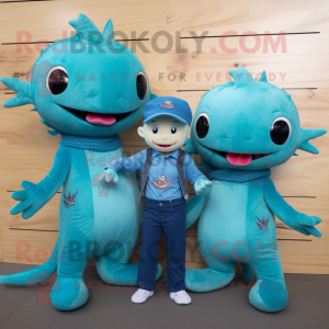 Teal Axolotls mascot costume character dressed with a Bootcut Jeans and Hairpins