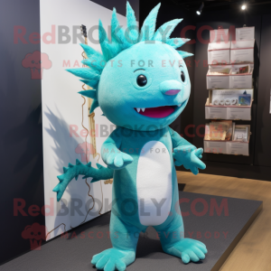 Teal Axolotls mascot costume character dressed with a Bootcut Jeans and Hairpins