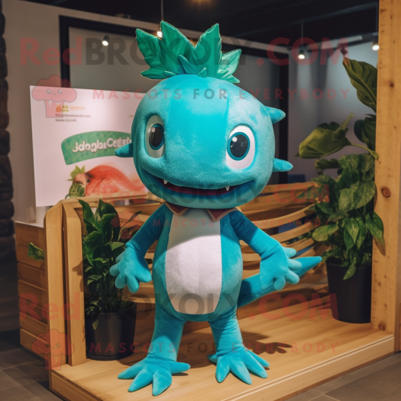 Teal Axolotls mascot costume character dressed with a Bootcut Jeans and Hairpins