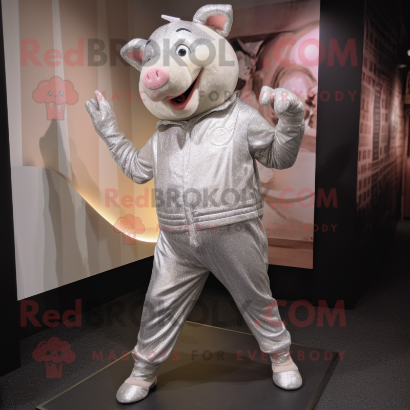 Silver Pig mascot costume character dressed with a Corduroy Pants and Foot pads