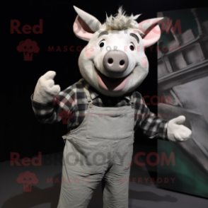 Silver Pig mascot costume character dressed with a Corduroy Pants and Foot pads