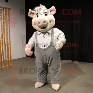 Silver Pig mascot costume character dressed with a Corduroy Pants and Foot pads