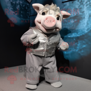 Silver Pig mascot costume character dressed with a Corduroy Pants and Foot pads