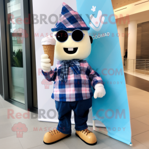 Navy Ice Cream Cone mascot costume character dressed with a Flannel Shirt and Pocket squares
