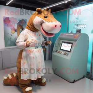 Rust Hippopotamus mascot costume character dressed with a Midi Dress and Digital watches