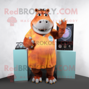 Rust Hippopotamus mascot costume character dressed with a Midi Dress and Digital watches