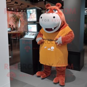 Rust Hippopotamus mascot costume character dressed with a Midi Dress and Digital watches