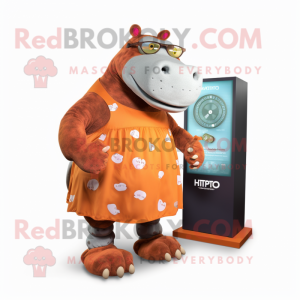 Rust Hippopotamus mascot costume character dressed with a Midi Dress and Digital watches