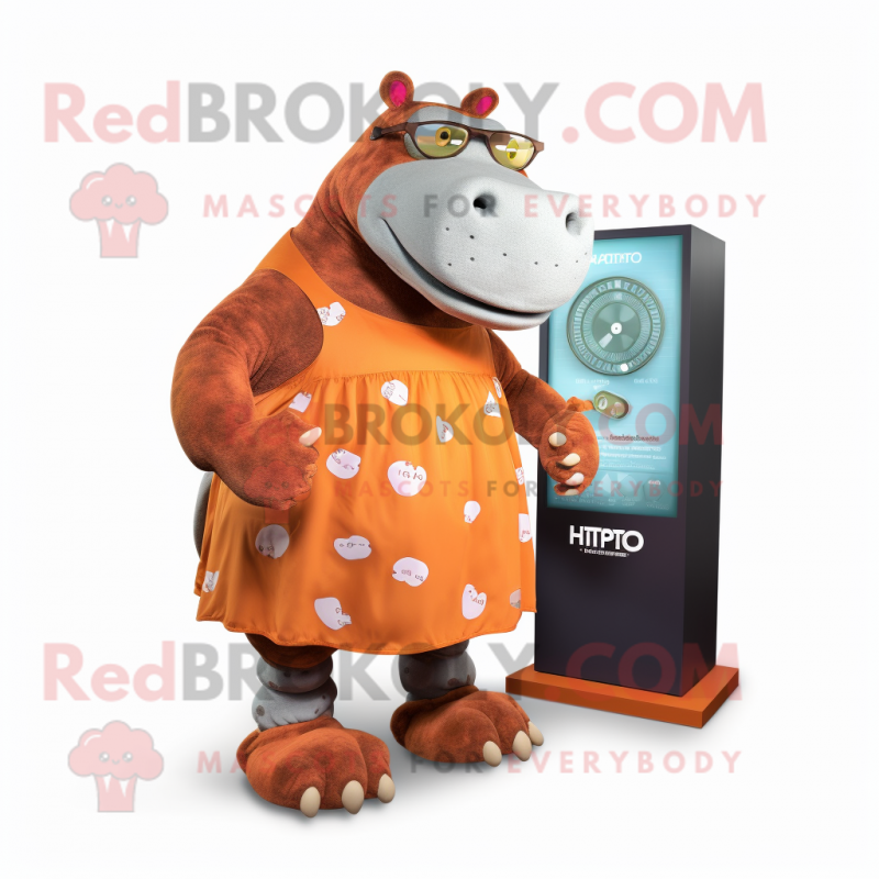 Rust Hippopotamus mascot costume character dressed with a Midi Dress and Digital watches Rust Hippopotamus mascot costume character dressed with a Midi Dress and Digital watches