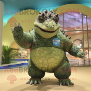 Olive Ankylosaurus mascot costume character dressed with a One-Piece Swimsuit and Bracelets