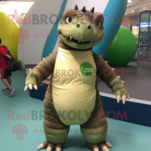 Olive Ankylosaurus mascot costume character dressed with a One-Piece Swimsuit and Bracelets