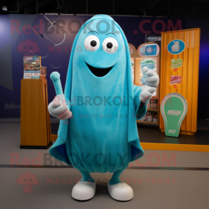 Cyan Squash mascot costume character dressed with a Board Shorts and Shawl pins