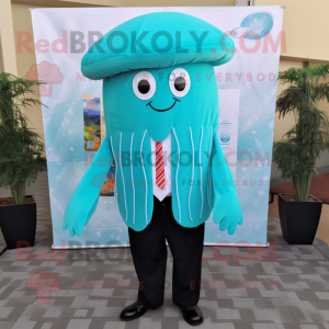 Turquoise Jellyfish mascot costume character dressed with a Vest and Tie pins