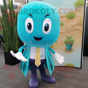 Turquoise Jellyfish mascot costume character dressed with a Vest and Tie pins