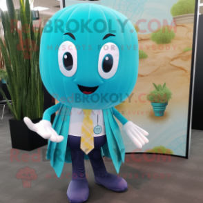 Turquoise Jellyfish mascot costume character dressed with a Vest and Tie pins