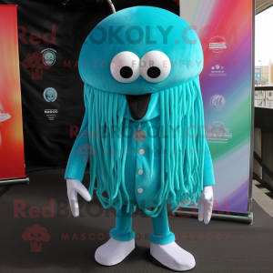 Turquoise Jellyfish mascot costume character dressed with a Vest and Tie pins