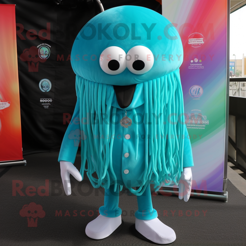Turquoise Jellyfish mascot costume character dressed with a Vest and Tie pins Turquoise Jellyfish mascot costume character dressed with a Vest and Tie pins