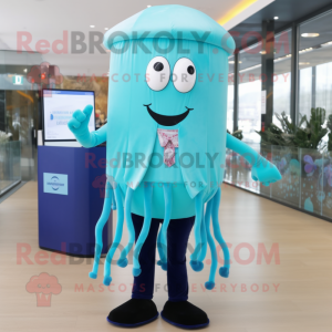 Turquoise Jellyfish mascot costume character dressed with a Vest and Tie pins