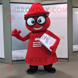 Red Momentum mascot costume character dressed with a A-Line Dress and Reading glasses