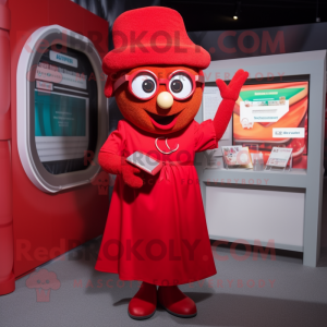 Red Momentum mascot costume character dressed with a A-Line Dress and Reading glasses