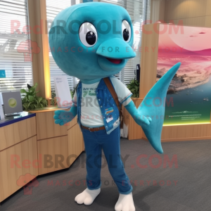 Teal Whale mascot costume character dressed with a Skinny Jeans and Suspenders