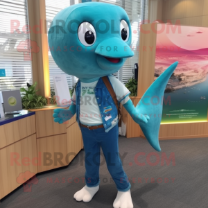 Teal Whale maskot kostume...