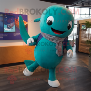 Teal Whale mascot costume character dressed with a Skinny Jeans and Suspenders