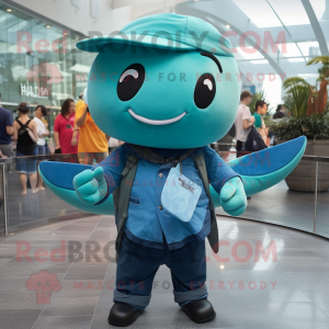 Teal Whale mascot costume character dressed with a Skinny Jeans and Suspenders